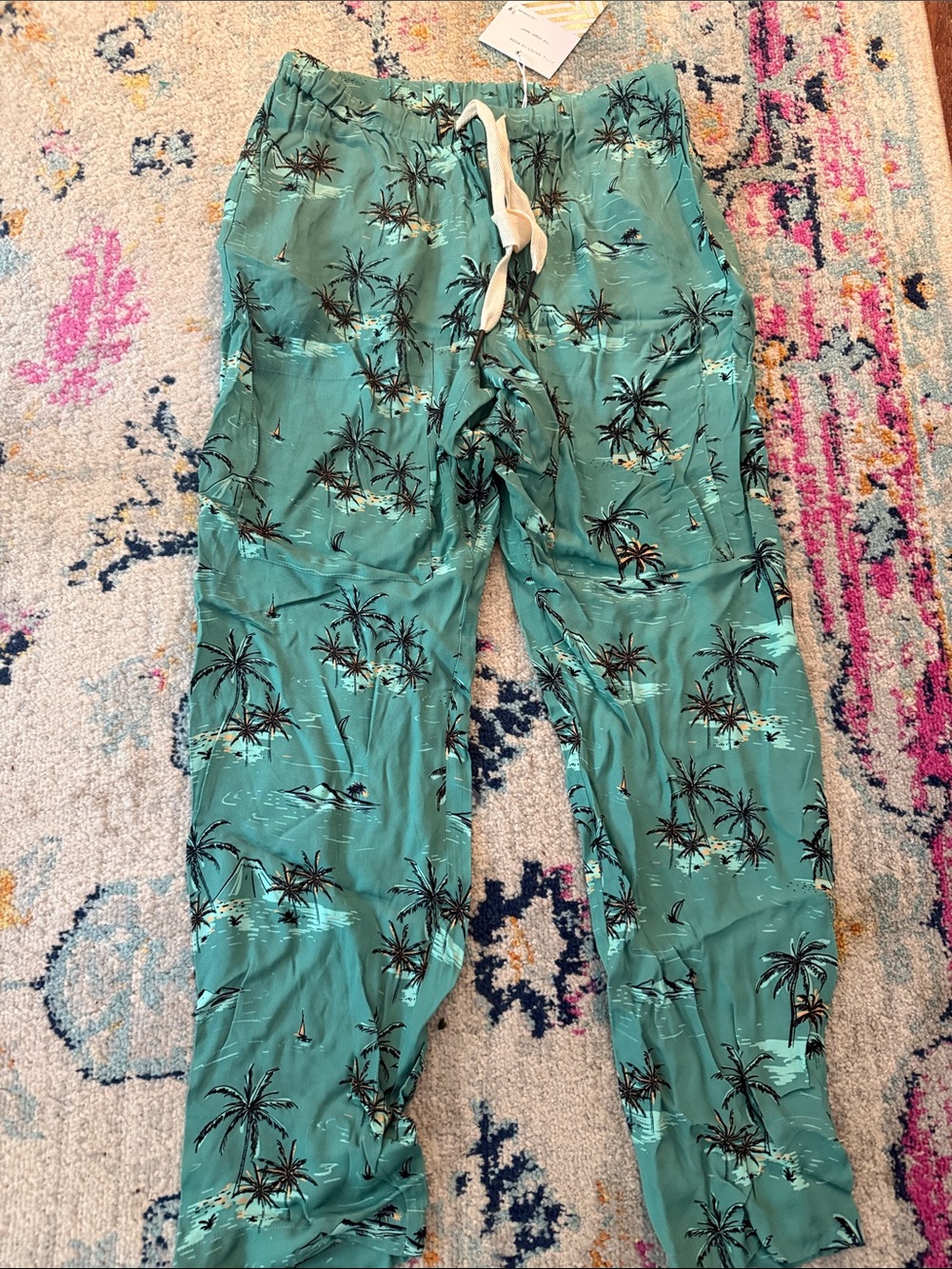 Women's Teal Palm-Print Cropped Pants with Drawstring